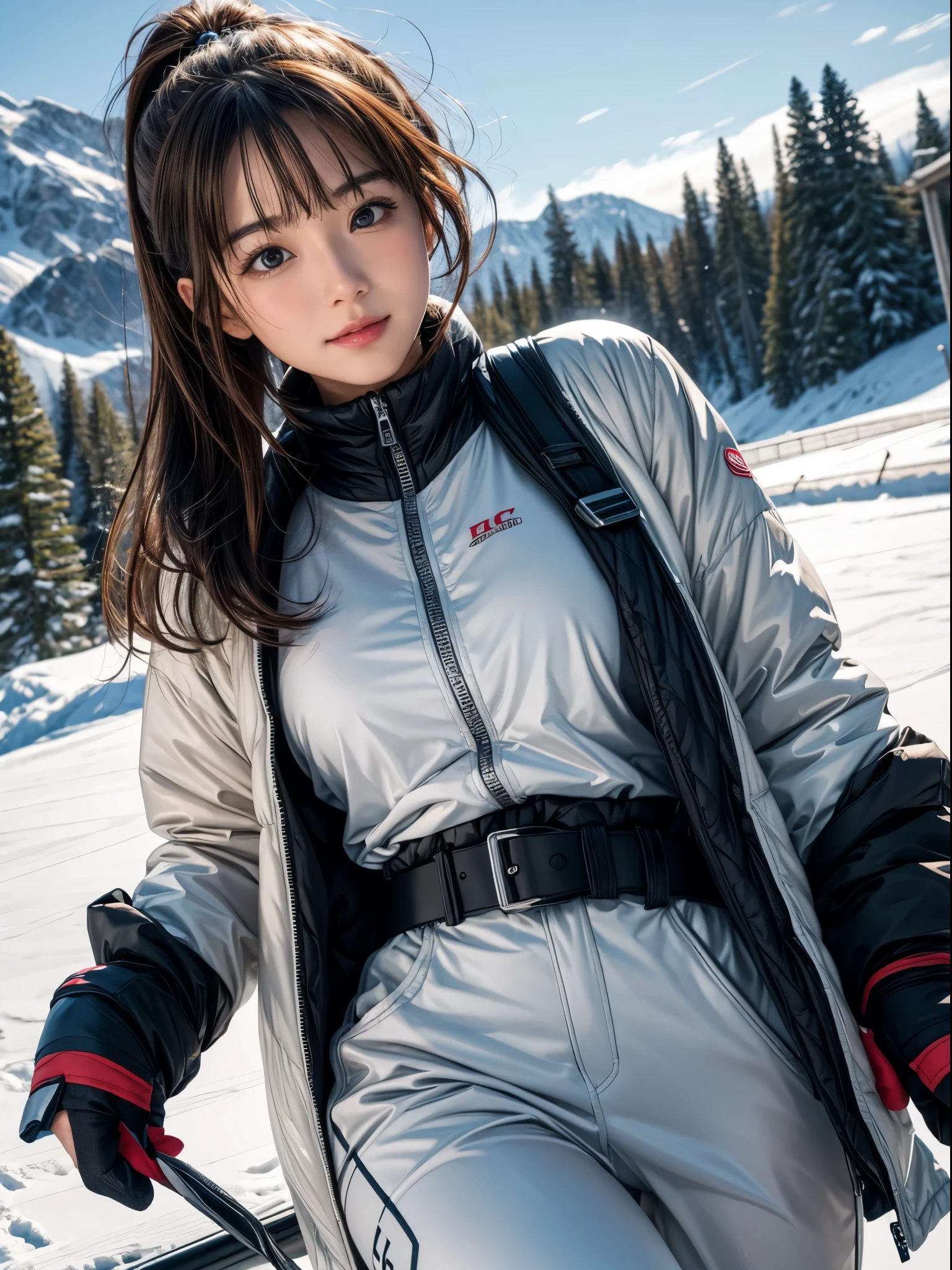 (8K,masutepiece, Raw photo,Best Quality:1.4),(photographrealistic:1.2),(extremely Detailed face),(Shiny skin),(Detailed skin),(Detailed face),(Extremely beautiful face), 1girl in,Looking at Viewer,Japanese ido(actress), brown hair,Medium Hair,Straight hair,asymmetrical bangs,Smile,glamor,Large breasts, Wearing ski wear, ski pants and ski gloves, At the snowy ski resort,High Position,Natural lighting