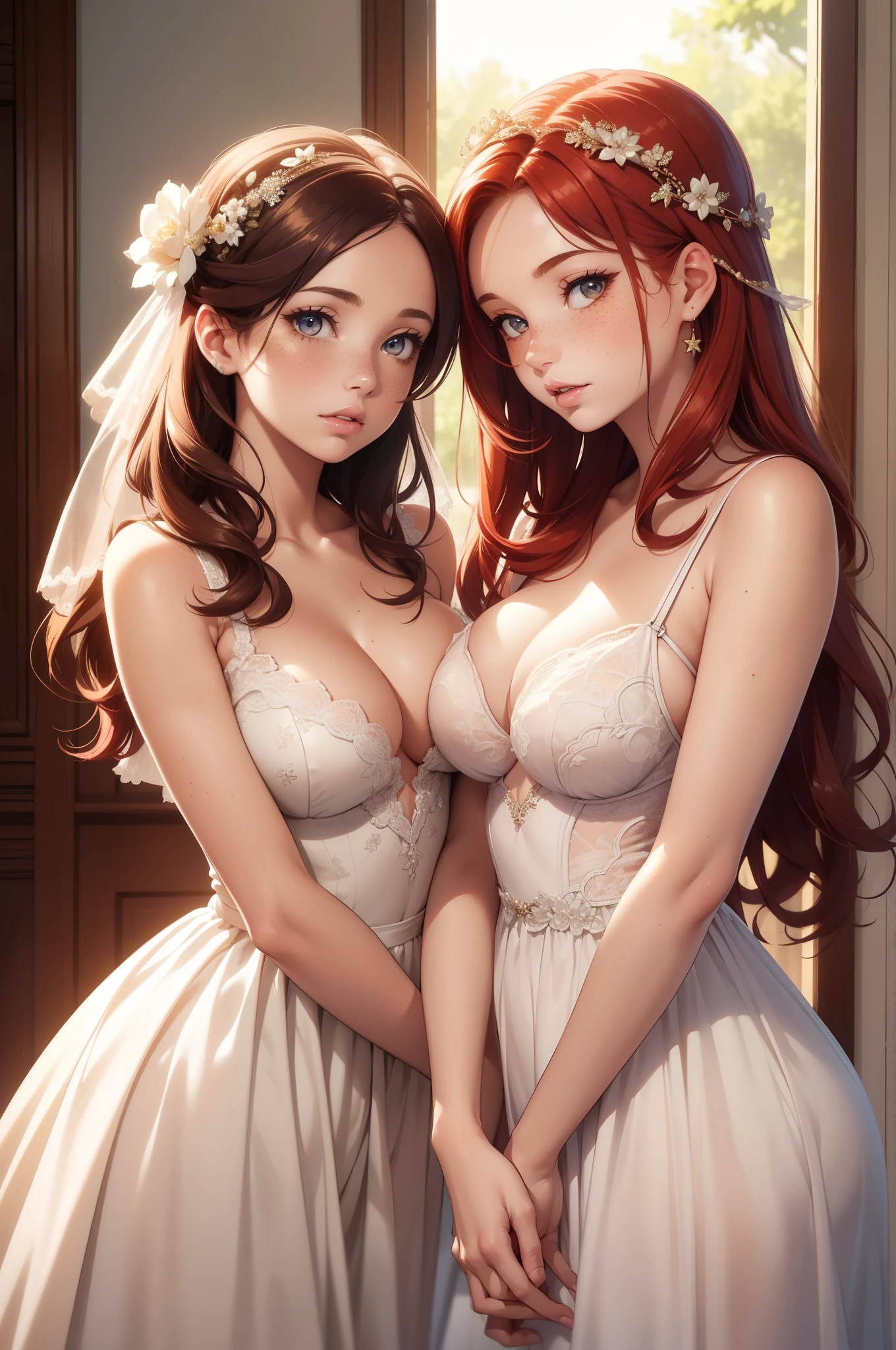 2girls, multiple girls, natural lighting, masterpiece, highly detailed, illustration, game CG, absurdres, high quality, glossy lips, looking at each other, redhead, freckles, lips parted, large breasts, medium breasts, mother and daughter, aged girl, MILF, wedding dress, (age gap:1.3)