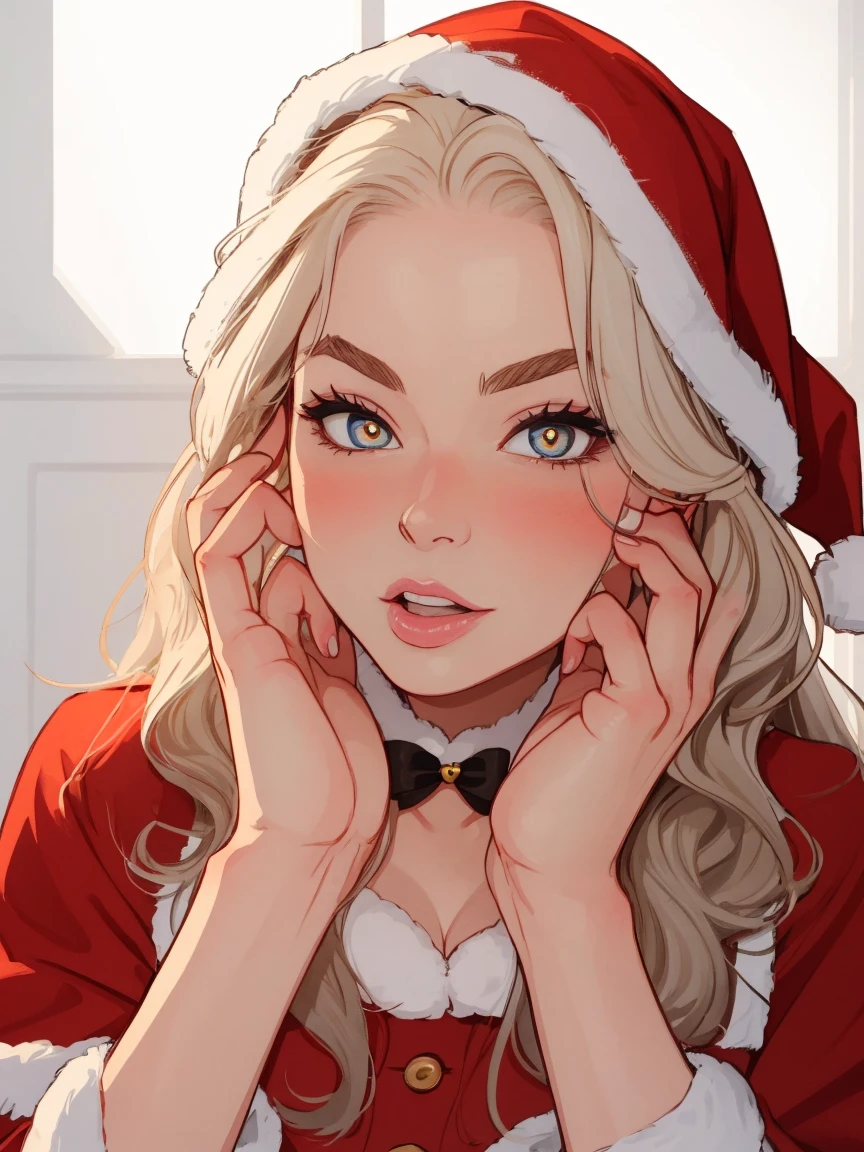 Mrs Claus, long wavy white hair, milf, busty, upper body, white eyebrows, horny, lip bite, biting her lips, fingers near mouth, heart-shaped symbols, heart-shaped pupils,, blushing, smug, horny, arroused,, hand near face, looking at viewer