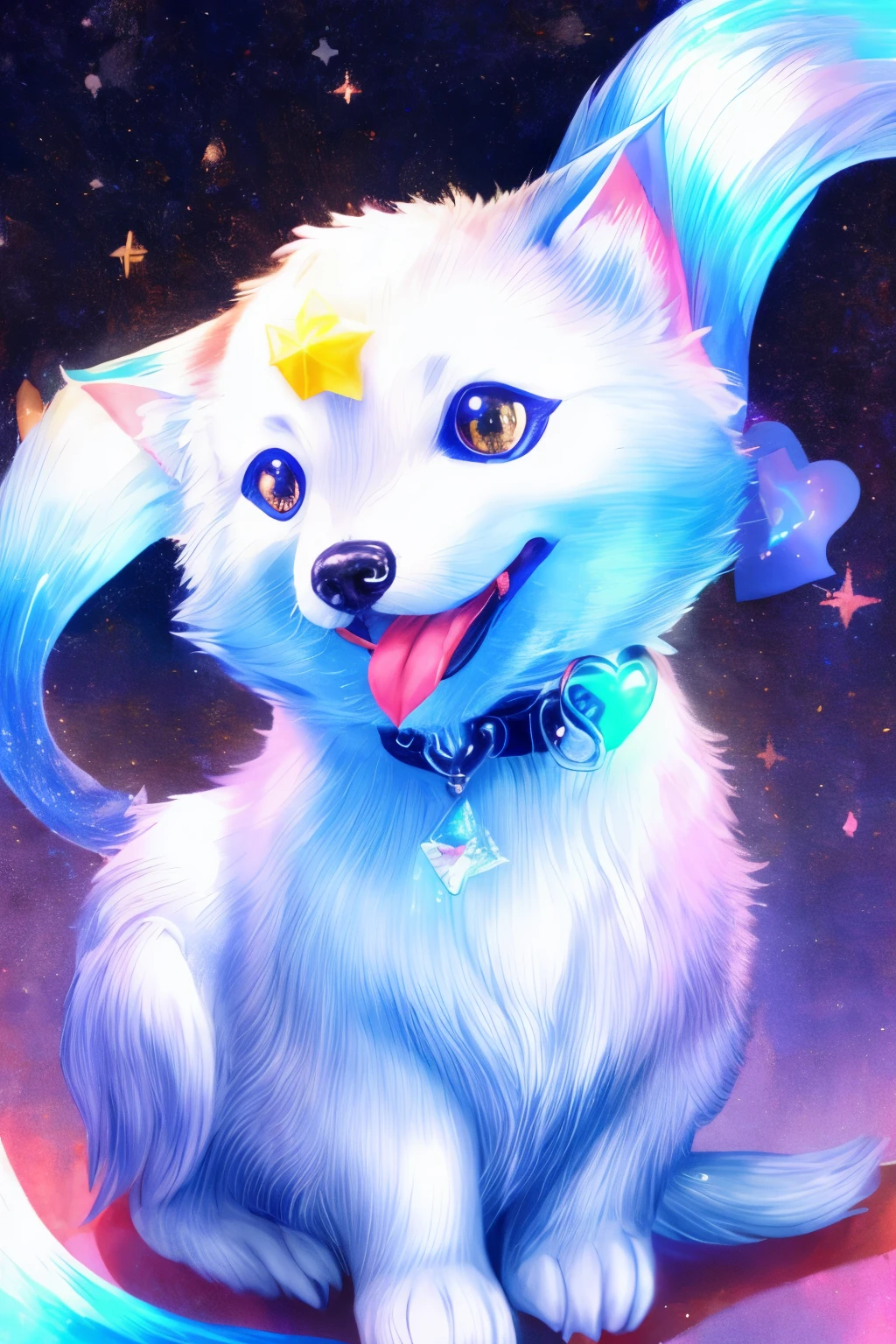 Niji Pride, solo, smile, open mouth, tail, heart, tongue, tongue out, star (symbol), collar, no humans, sparkle, fangs, looking up, dog, animal focus, sparkling eyes, fluffy
