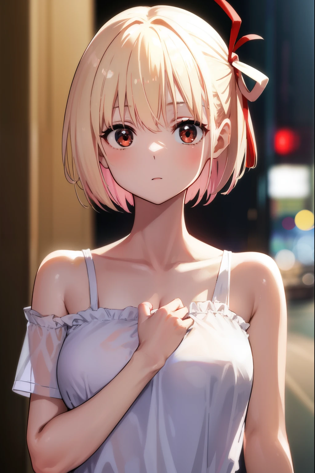 Chisatoniki, Chisato, Short hair, Bangs, Blonde hair, (Red Eyes:1.5), Hair Ribbon, One side up, bob cuts,
BREAK shirt, Bare shoulders, Twin-tailed, 鎖骨, Hair Ribbon, White shirt, frilld, off shoulders, Red Ribbon, short Twin-tailed, off shouldersシャツ, frilldシャツ,
BREAK outdoors, city,
BREAK looking at viewer, BREAK (masutepiece:1.2), Best Quality, High resolution, Unity 8k壁纸, (Illustration:0.8), (Beautiful detailed eyes:1.6), extra detailed face, Perfect Lighting, extremely details CG, (Perfect hands, Perfect Anatomy),