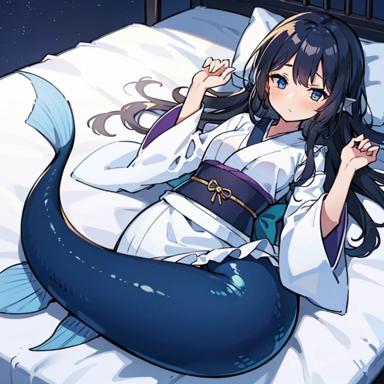 A mermaid girl with long black hair, purplish-blue eyes, fair skin, and a fish tail wearing a white kimono was sleeping on a messy white bed.