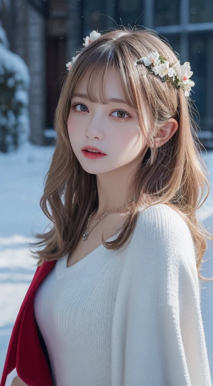 {{masterpiece}},best quality,highly detailed,extremely detailed CG unity 8k wallpaper,illustraction, 1girl, red eyes, wavy silver hair, pointy ears, vampire, dress, necklace, hair flower, snow, ice, full body, shot,high close up, highly detailed,center frame,sharp focus, looking at viewer, floting hair,