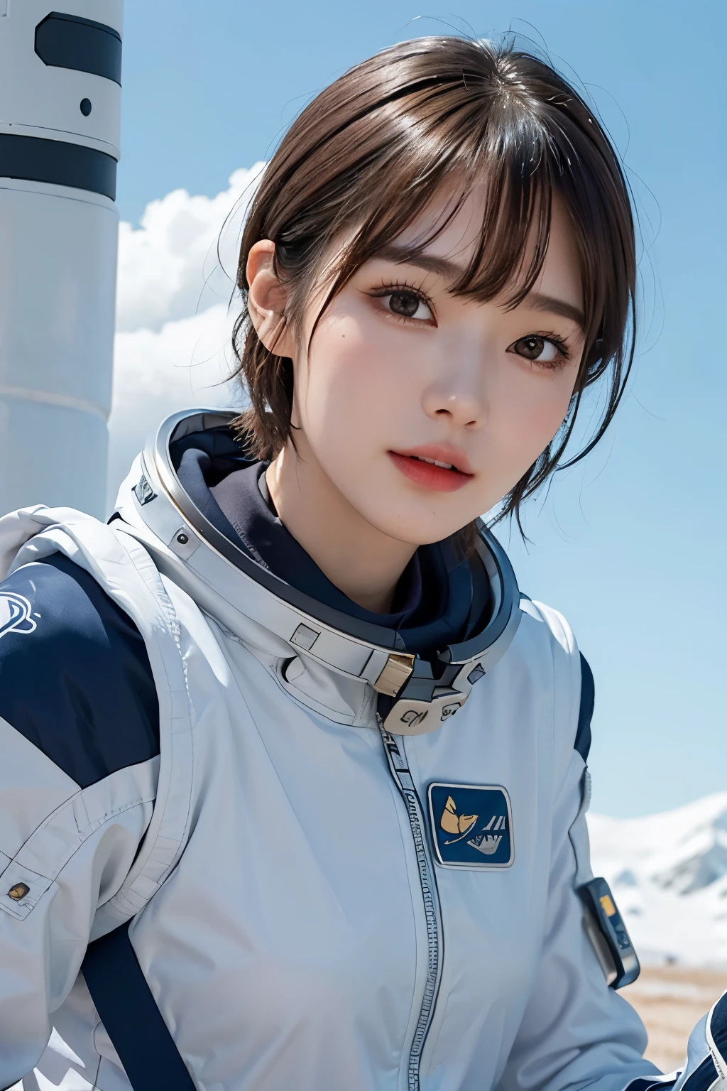 top-quality、​masterpiece、超A high resolution、(realisitic:1.4)、Beautuful Women１、Beautiful detail eyes and skin、ssmile、Light brown short-cut hair、The perfect spacesuit、spaceships、cloudy ash sky、Snow World、