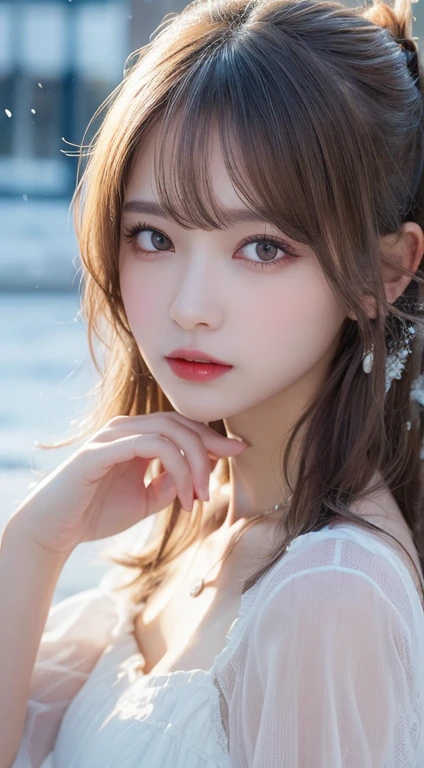 {{masterpiece}},best quality,highly detailed,extremely detailed CG unity 8k wallpaper,illustraction, 1girl, red eyes, wavy silver hair, pointy ears, vampire, dress, necklace, hair flower, snow, ice, full body, shot,high close up, highly detailed,center frame,sharp focus, looking at viewer, floting hair,