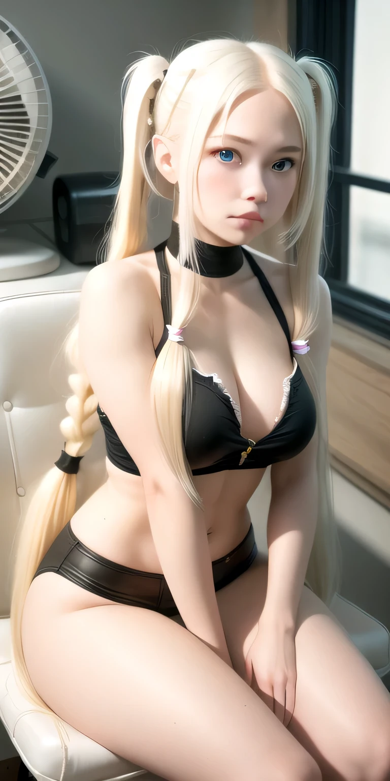 blond woman with long hair sitting in front of a fan, her hair is white, belle delphine, perfect white haired girl, blond hair with pigtails, she has a cute expressive face, long blonde hair and large eyes, tifa lockhart with white hair, with black pigtails, long blonde hair and big eyes, very very pale blond hair