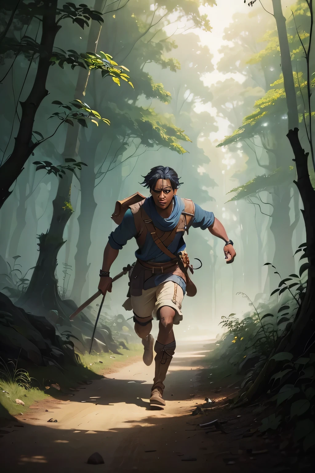 Imagem de um escravo negro, correndo em uma estrada de terra, in slave peasant clothes, 19th century, at night, fugindo em uma floresta, fantasy book illustration, Artgerm e Atey Ghailan, rob rey and kentarõ miura, Diretor: Johannes Helgeson, Silvain Sarrailh, Tolkien e Michael Komarck, James Gurney e Andreas Rocha, Ross Tran e Michael Whelan, Contra-Plongée