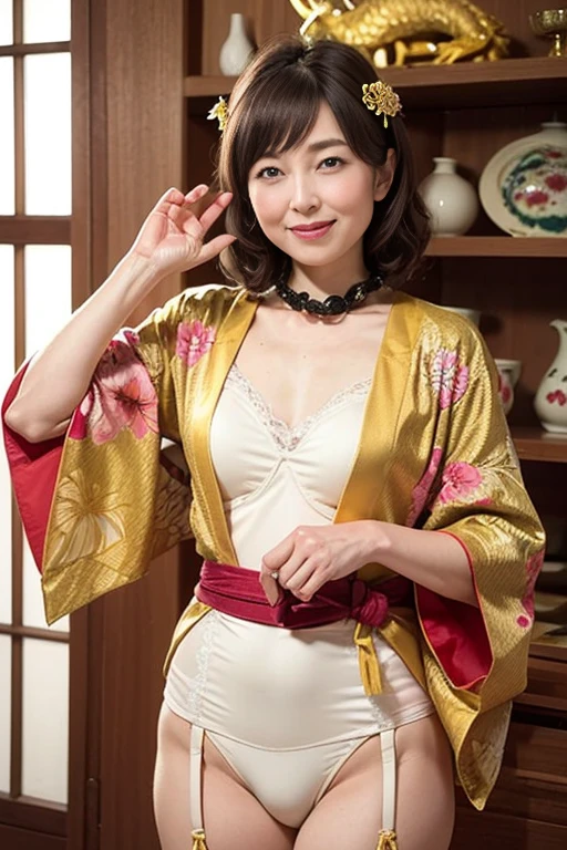 (high-level image quality、hightquality、High resolution real image、detaileds、​masterpiece、Professional Photography）、(There is a cute girl)、Smile at the camera、（A pure Japanese hairstyle with a beautiful hairpin）、（Light brown hair）、(being thin:1.5)、(Small:1.5)、(Kimono-style lingerie with large decorations:1.2)、She wears a collar, bangles, and a kimono-style garter belt.、（He holds a large golden dragon in both hands.）、The pose is so cute and nice、Japanese New Year events、(Pure Japanese room in a big old house)