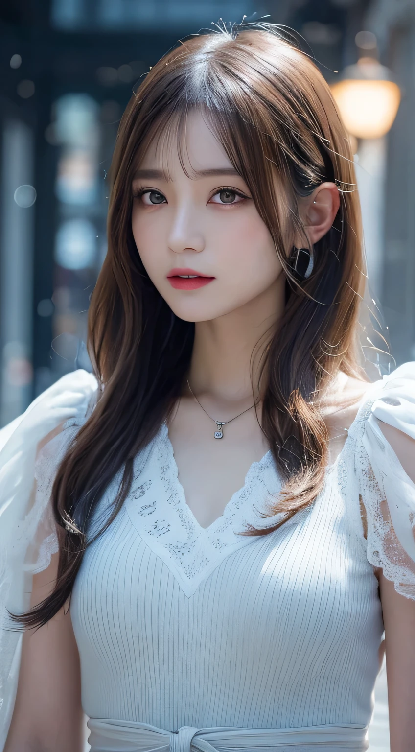 {{masterpiece}},best quality,highly detailed,extremely detailed CG unity 8k wallpaper,illustraction, 1girl, red eyes, wavy silver hair, pointy ears, vampire, dress, necklace, hair flower, snow, ice, full body, shot,high close up, highly detailed,center frame,sharp focus, looking at viewer, floting hair,