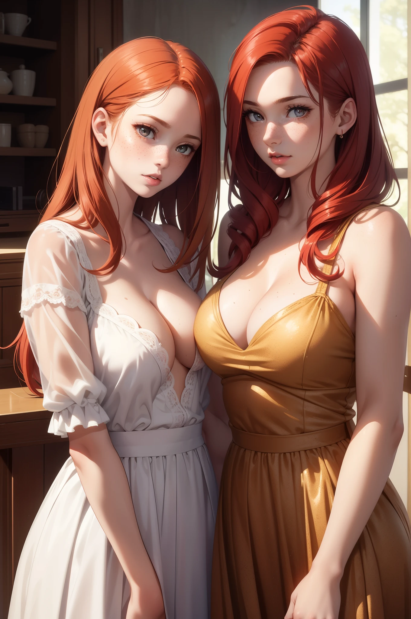 2girls, multiple girls, natural lighting, masterpiece, highly detailed, illustration, game CG, absurdres, high quality, glossy lips, looking at each other, redhead, freckles, lips parted, large breasts, medium breasts, mother and daughter, aged girl, MILF, full body, (age gap:1.3)