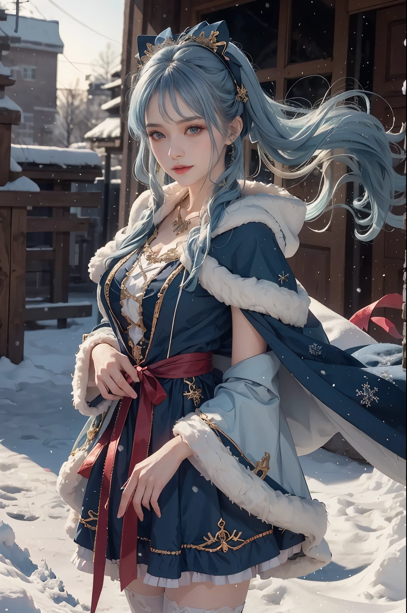 1 girl,hoody,fur cape,Blue hair,ssmile,ta Costume Outfit,Extra-long hair,Shoulder length short feather hair accessory,城市,natta,snow field,Blizzarding,allure,8K,masterpiece,winning artwork,