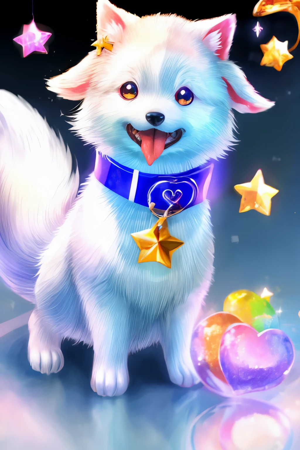 Niji Pride, solo, smile, open mouth, tail, heart, tongue, tongue out, star (symbol), collar, no humans, sparkle, fangs, looking up, dog, animal focus, sparkling eyes, fluffy