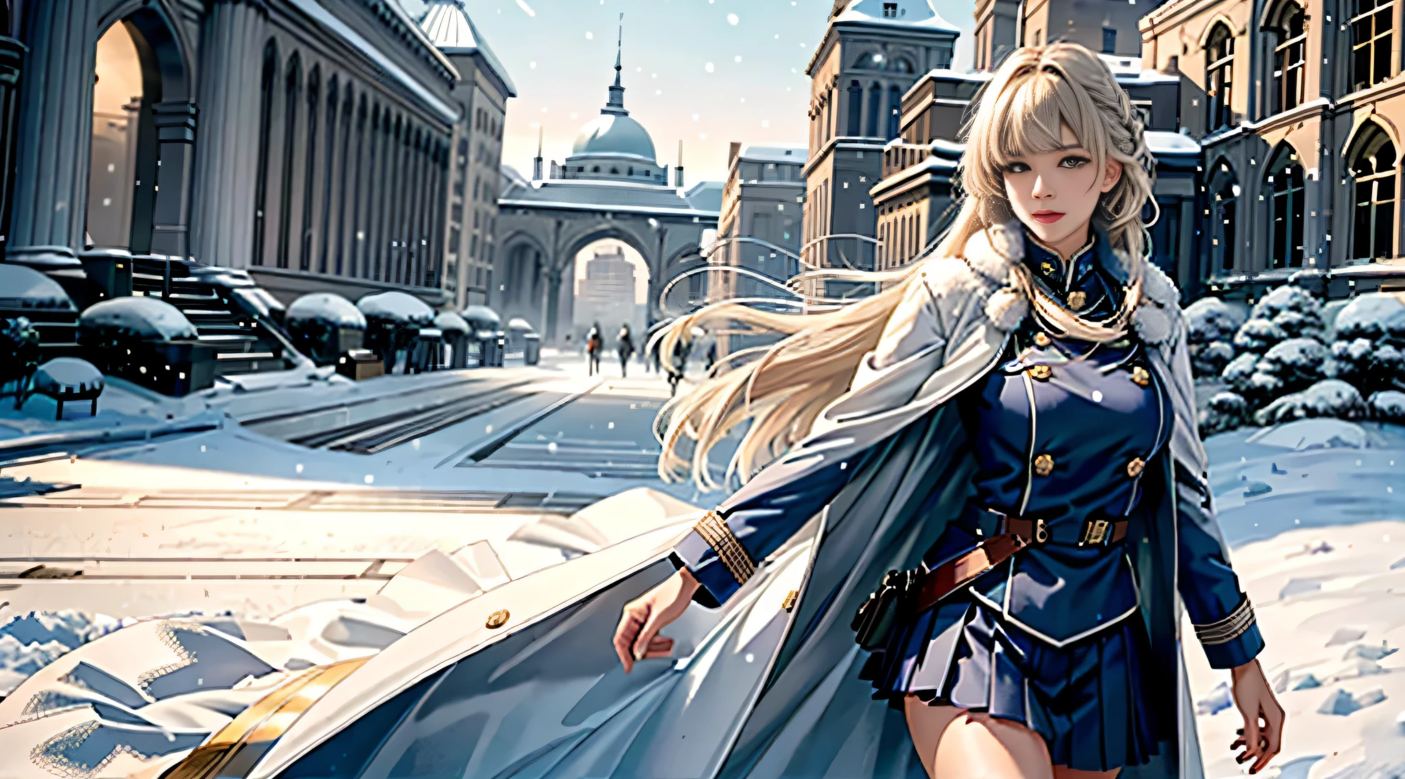 (highest resolution, distinct_image) Best quality, single person, one girl, solo, masterpiece, highly detailed, realistic, long hair, braided white blond hair, (blue military uniform underneath coat), depth of field, outdoor background, (falling snow), ((big breasts)), authoritative, dignified, calm and powerful expression, ambient lighting, exquisite facial features, fur trimmed white coat, open coat, short skirt, looking at viewer, head to waist, in a terrace of a monumental building, (((front bangs))), dynamic angle, striking a pose, light smile