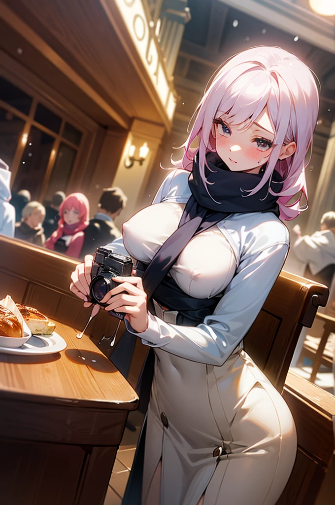 cute girl, in fancy cafe, wearing winter clothes, it is snowing outside, brightly lit room, blushing, girl is cold, pale skin, scarf, horny, exhibitionism, lots of people in cafe, public, large crowd, multiple women sitting in chairs and eating at tables, focus on one girl, camera is from far away, detailed background, (nsfw), slight background blur, vibrant color palette, (sweaty breasts, water droplets on breasts, oiled breasts, lubed breasts), ((18 year old))