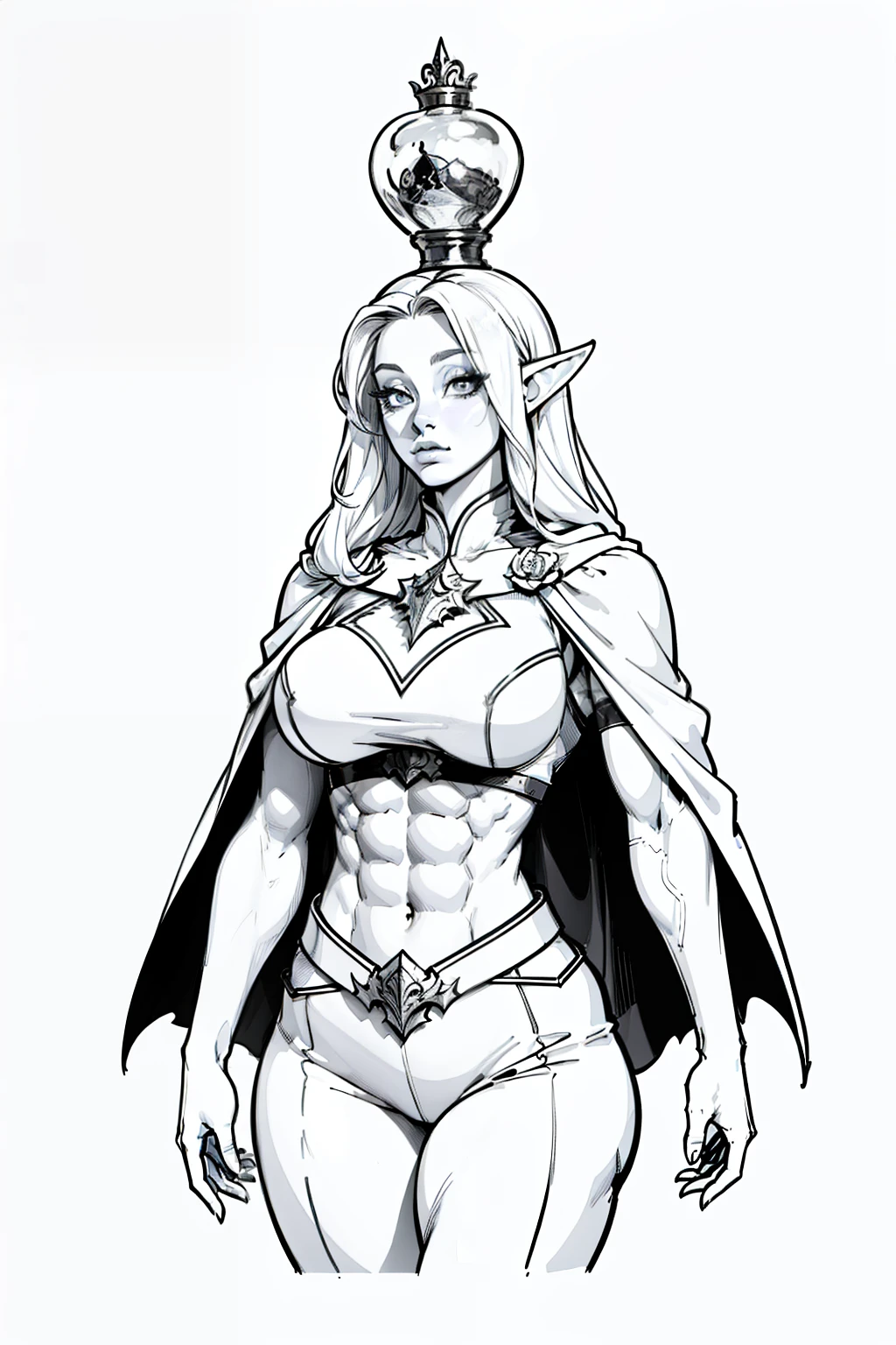 extremely long hair perfect anatomy 1 girl tall solo curvy ((muscular)) high elf toned body, breast plate, cape, slendered abs, hourglass waist,(white background:1.5),clean lineart,