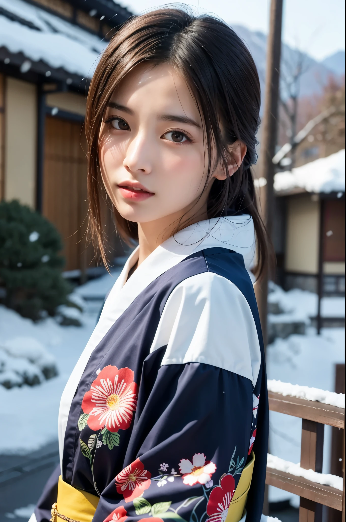 Hot Spring Village in Japan, snowy landscape,
(falling snow), A beautiful Japanese girl in a Flower-patterned Kimono, solo, masterpiece, Best Quality, 8K, 32K, (UHD:1.2), (Photorealistic:1.4), full figure, entire body in frame, Extremely cute, elegant, voluptuous, parted lips, cinematic composition, professional warm lighting and shading, extremely detailed eyes and face, eyes with beautiful details, insanely detailed realistic skin texture, (correct body balance, accurate hands, accurate eyes)