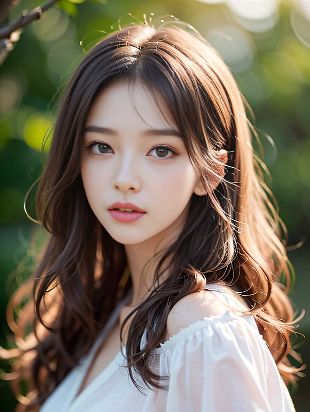 Film Portrait Photography、1girl in、Shirt、Wavy shoulder-length hair、Gentle、merciful、Gentle gaze、(Realistic detailed eyes、Natural Skin Texture、Realistic face details)、Soft dramatic lighting、depth of fields、Bokeh、Vivid details、detail、Hyper-realistic、35mm Film、blur