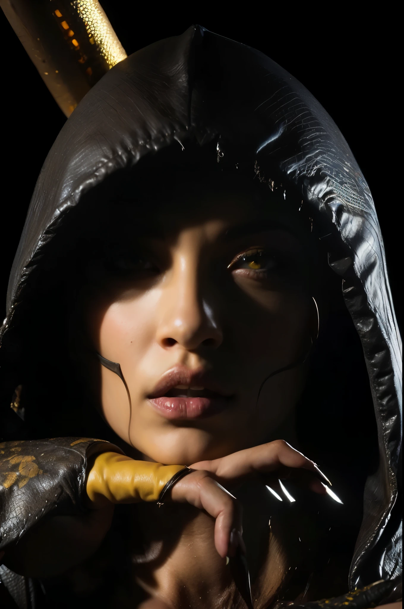 (masterpiece),(best quality:1.0),(ultra highres:1.0), D'Vorah, monster girl, mortal kombat,beautiful girl, yellow body skin color,body yellow, sexy girl, detailed beautiful, face focus, worn hood , skinny,claws, wallpaper 8k, makeup,full body