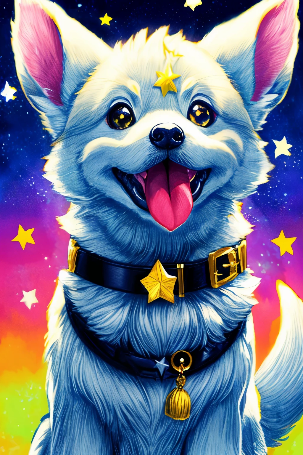 Niji Pride, solo, smile, open mouth, tail, heart, tongue, tongue out, star (symbol), collar, no humans, sparkle, fangs, looking up, dog, animal focus, sparkling eyes, fluffy