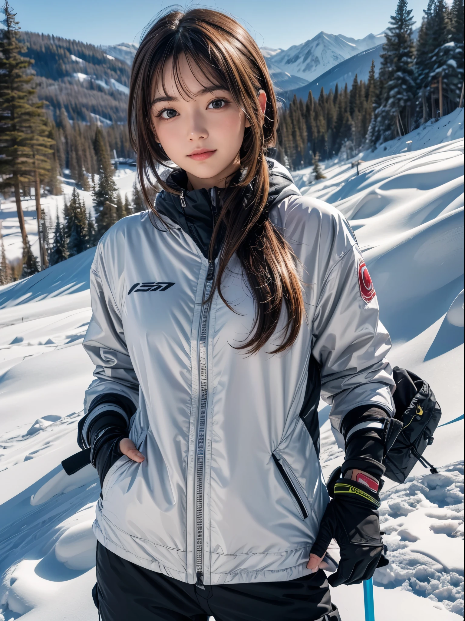 (8K,masutepiece, Raw photo,Best Quality:1.4),(photographrealistic:1.2),(extremely Detailed face),(Shiny skin),(Detailed skin),(Detailed face),(Extremely beautiful face), 1girl in,Looking at Viewer,Japanese ido(actress), brown hair,Medium Hair,Straight hair,asymmetrical bangs,Smile,glamor,Large breasts, Wearing ski wear, ski pants and ski gloves, At the snowy ski resort,High Position,Natural lighting