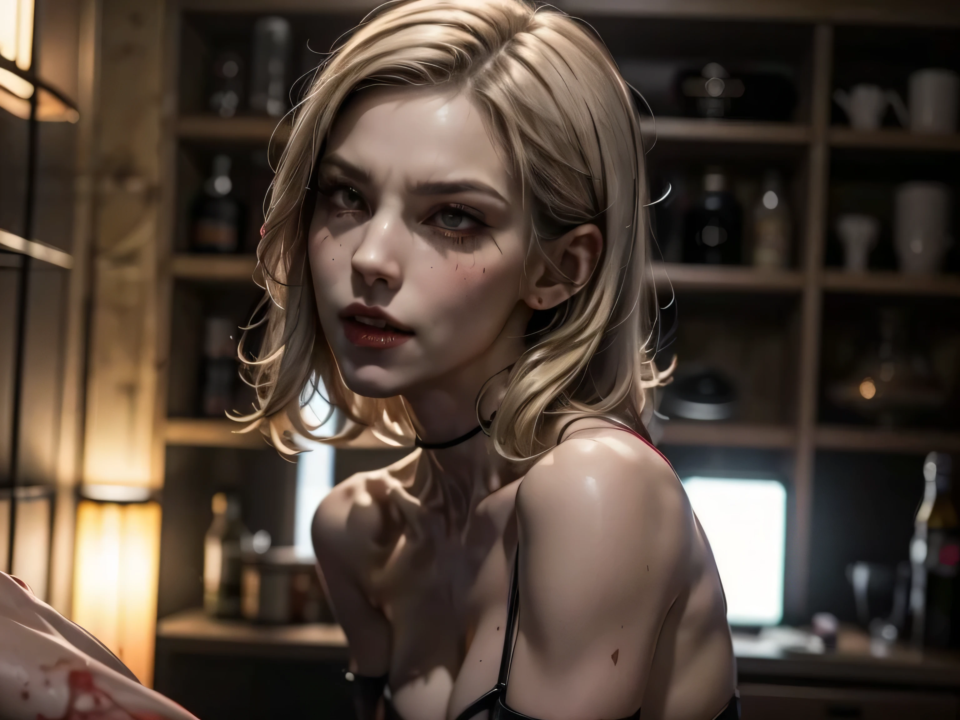 Her full body is shown giving a Blowjob, She is sucking on a man's penis, she is biting into a man's penis with her sharp fangs, she is also a cannibalistic sexual demon, she has a perfect face with full libs and razor-sharp fangs, They are in a old creepy house in the bedroom and she is on top of the man, realistic blood on the man'loody, and violent, Her Full body is shown on a bed with a man as she is on top of him biting into his with her sharp fangs, realistic blood, perfect eyes, Perfect anatomy, realistic, gore, realistic skin and flesh, she is a vampire who feeds on innocent men, she is a virgin killer, she is biting deep and hard into his with her sharp vampire fangs, blood is dripping from his , she is trying to bite his off so that she can eat it, she has very sharp vampire fangs, she has a perfect athletic body, she is skinny with small perky boobs, she has abs and defined muscles, her skinny body is perfectly proportioned, she has a crazy look in her eyes, she is a sexy sadistic addict , a sexy tight dress with Long black stockings, she also is wearing black high heels with red bottoms, there is blood everywhere as she is biting into his with her sharp fangs. She has a perfect face, perfect eyes, and perfect bone structure, she has a skinny body with defined abs and muscle