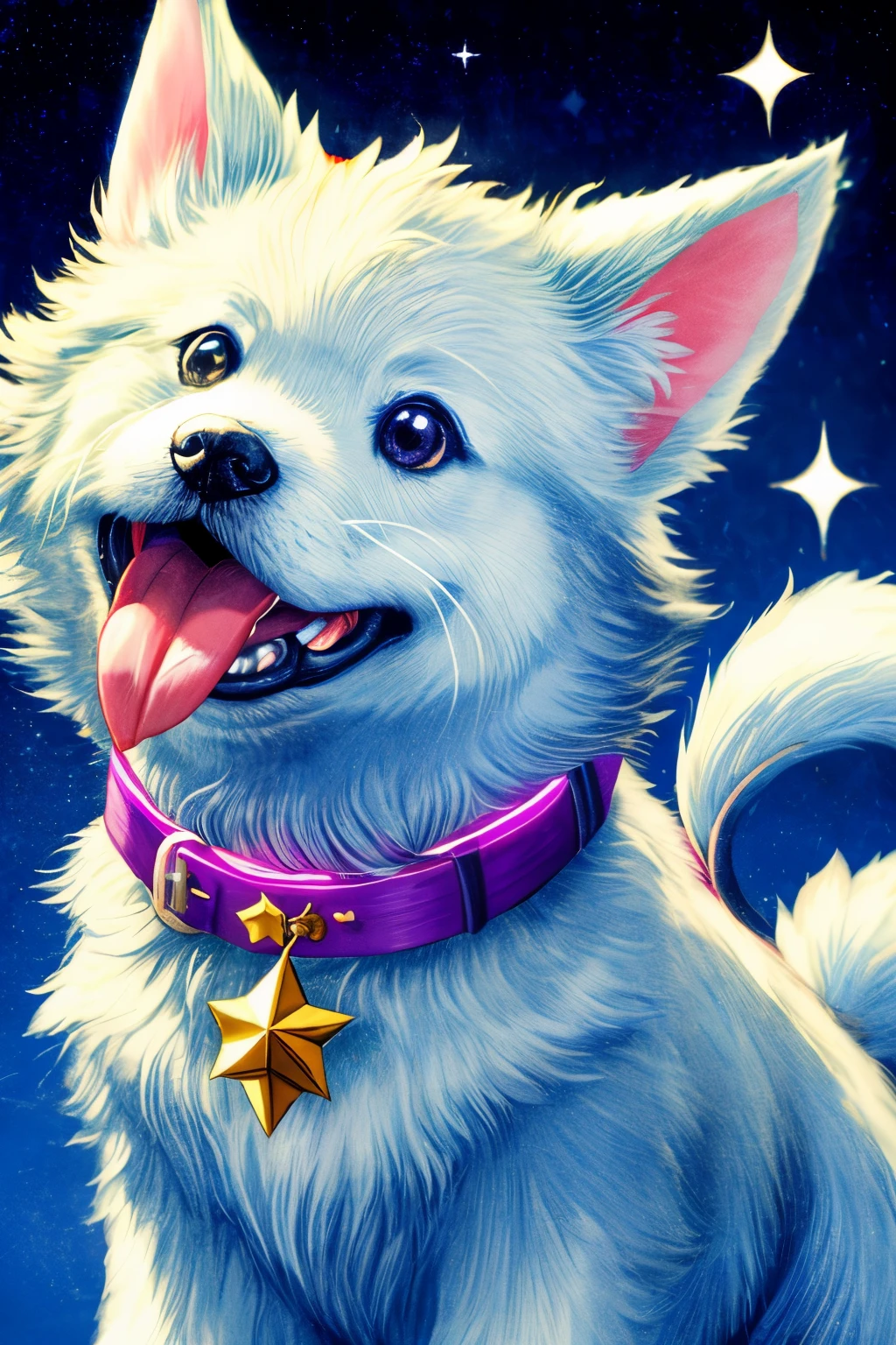 Niji Pride, solo, smile, open mouth, tail, heart, tongue, tongue out, star (symbol), collar, no humans, sparkle, fangs, looking up, dog, animal focus, sparkling eyes, fluffy