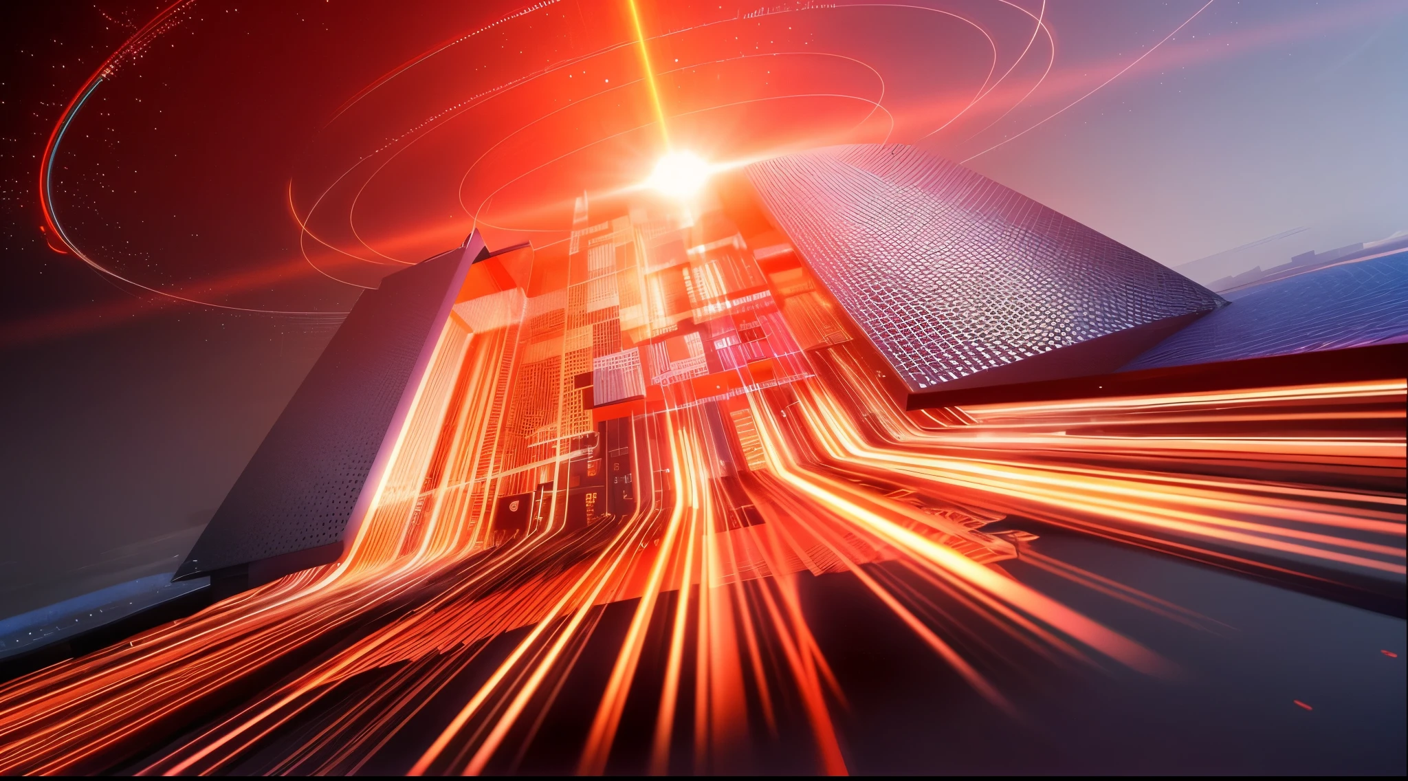 Long exposure image of buildings, fiber-optics, number art, number art, by Lisa Nankievel, abstract tech, advanced technique, dynamic and energetic, abstract 3d rendering, interesting background, Laser tracking of the future, light speed, high quality screenshot, 3d abstract rendering overlay, dmt image. octaneratingrendering