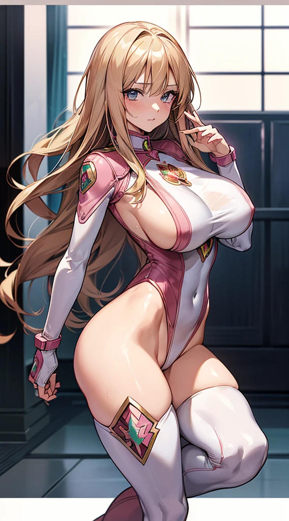 ((masutepiece)), ((High quality)), ((super detailed)), ((High resolution)) ,((8K)),Beautuful Women, ((She is one of the most famous actresses in Japan.)), Unparalleled beauty, ((large full breasts:1.4)), 爆乳, ((big butts:1.2)), ((Deep cleavage)), Slim waist, Chest out, hyperdetailed face, Perfect Skin, (((Waist-length hair, long light brown straight hair, hime-cut))), Light blue eyes, Detailed eyes, Whole body image, Sexy, An inviting smile, , (((Anime))), ((Glamorous)), Sexual attraction ,23 years old, ((Incredibly Beautiful Women)), ((H Cup Bust)), ((((Sexy pose)))), ((Neat and clean.)) , (((power ranger))), heroine, (((High Leg leotard Power Suit, White line on pink powered suit:1.2))), ((relief soldiers)), ((beutiful breast, beauty legs, 8 life-size, ((Anime:1.4)), Wet, The most beautiful、Strongest, ((charm)), ((Russian beauty)), Secret meeting with a lover, ((adult woman)),