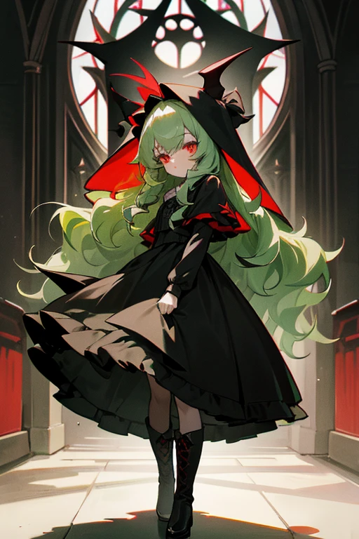 Light green hair. Long wavy hair. girls. small black devil horns. Red Eyes.nun.lolita.gotik.Little Black Riding Hood.s whole body.from head to toe.Black boots.church.cathedrals