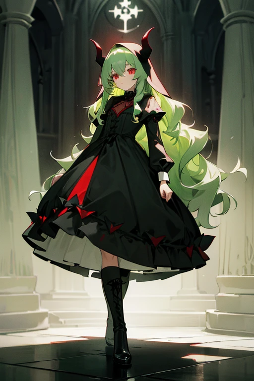 Light green hair. Long wavy hair. girls. small black devil horns. Red Eyes.nun.lolita.gotik.Little Black Riding Hood.s whole body.from head to toe.Black boots.church.cathedrals