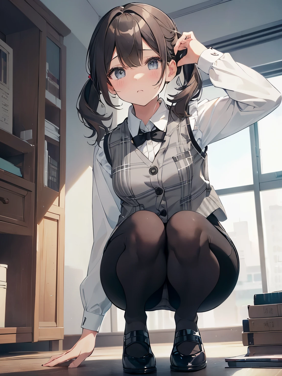 NSFW:1.4, Company Office、　((Squat on the floor))、pick up fallen documents、Documents are scattered on the floor、astonished face、((From below:1.2)), top-quality, hight resolution, ​masterpiece、(1girl in),(beautiful eyes finely detailed、Face to detail、​masterpieceサイドライト、​masterpiece、top-quality、detaileds、hight resolutionのイラスト),entrance、Delicate Makeup, (a closeup:1.2)、POV、soft focus ground bokeh、(Highest quality illustrations:1.2), (Kawaii Girl:1.1), (1girl in, 独奏:1.5), (1girl in、17 age、One pose、Neat and clean image、((1girl in、独奏)), (Highest quality illustrations:1.2), (Kawaii Girl:1.1), (1girl in, 独奏:1), (tiny chest、超detailedsな目:1.2)、((brown haired、Shorthair、hair wavy、Low twintail REAK (white and gray theme:1.3), (wearing in [[white and gray check pattern]] Vest worn over white collared long-sleeved shirt:1.4), (Gray plaid vest with buttons:1.2), BREAK (Black theme:1.4), (Tight black pencil skirt:1.5), (pantyhose:1.3), (high-heels:1.1), BREAK ((detailedsに書かれた顔:1.2)), ((Smooth texture:0.75, Realistic texture:0.5, Anime CG style)), tiny chest, Dynamic Angle, thin-waist、small ass、skinny thigh, Dynamic Pose, embarassed face、