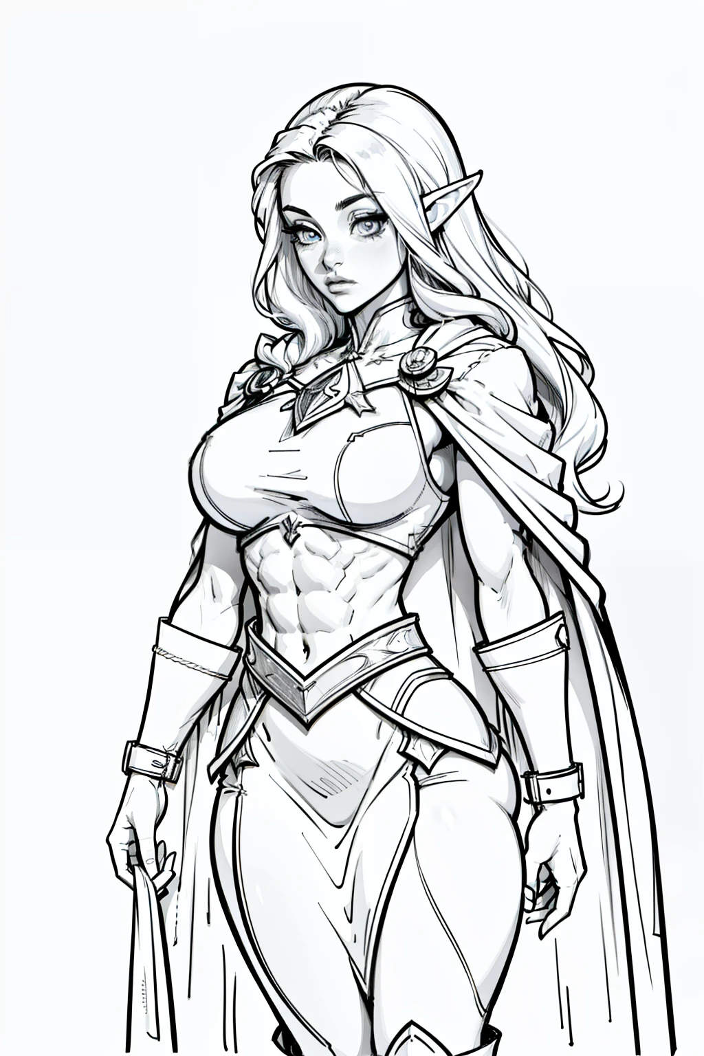 extremely long hair perfect anatomy 1 girl tall solo curvy ((muscular)) high elf toned body, breast plate, cape, ((slendered abs)), hourglass waist,(white background:1.5),clean lineart,