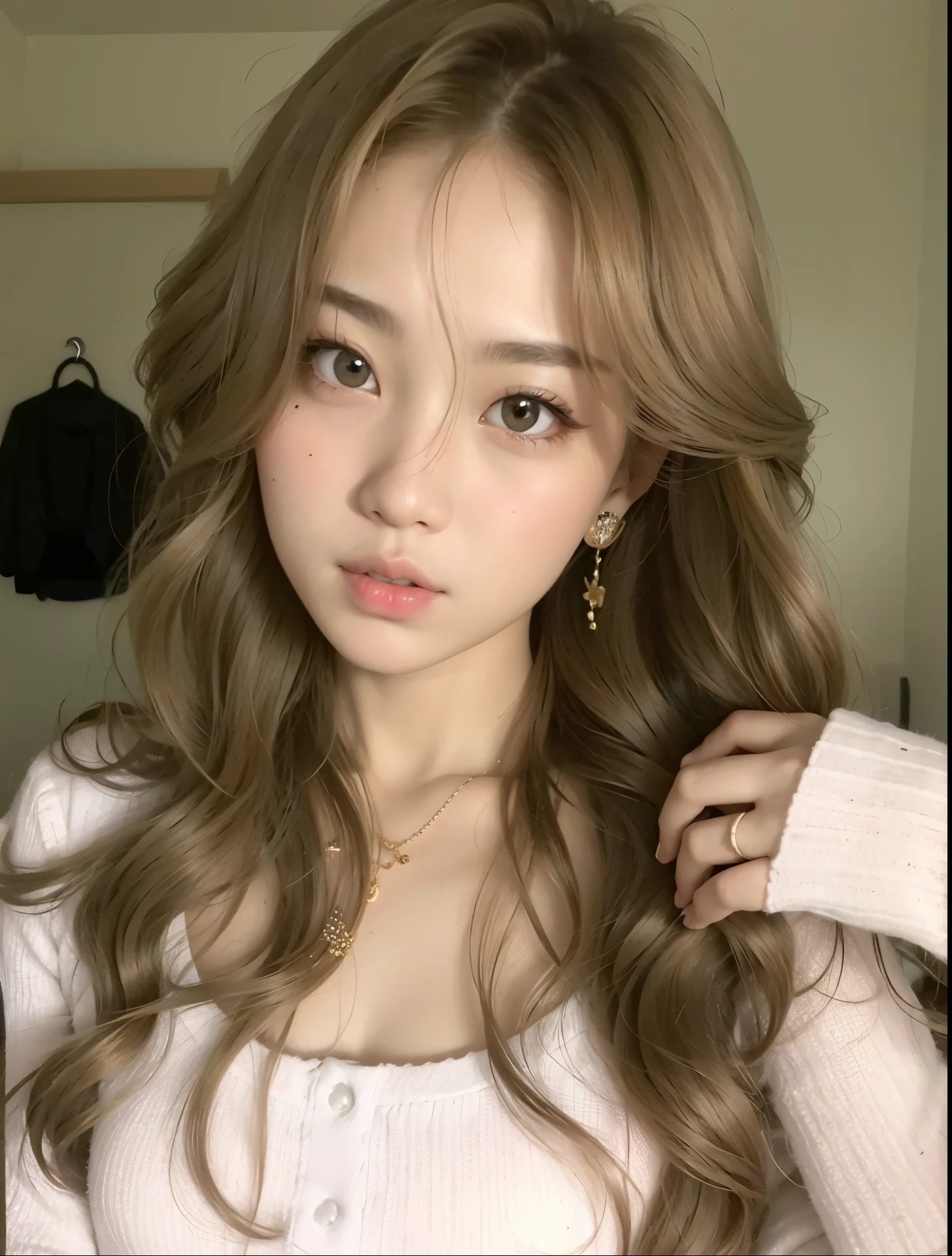 Un primer plano de una mujer con el pelo largo que lleva una camisa rosa, ulzzang, Lalisa Manobal, maquillaje popular de Corea del Sur, maquillaje coreano popular, Cabello largo y rubio y ojos grandes, Retrato realista kawaii, Chica coreana, Joven y adorable rostro coreano, Rasgos de la cara coreana, cabello rubio y ojos grandes, pale round face, Linda cara de anime natural