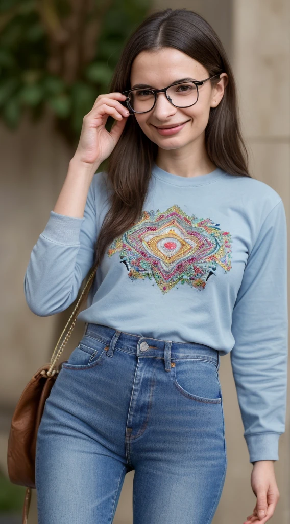 arafed woman with glasses and a smile on a cell phone, 25 years old, wearing jeans and sneakers with a long sleeve tshirt,  slight nerdy smile, short, diminutive, nerdy, cute, petite, miranda meeks-emily ratajkowski-aleksandra waliszewska-magdalena radziej-aubrey powell-sophie mudd merged, entire body visible, full body, hyperrealistic, best quality, 8K, real human skin, masterpiece, extremely intricate, medium closeup, detailed eyes, detailed face, detailed body, exaggerated features, pronounced features