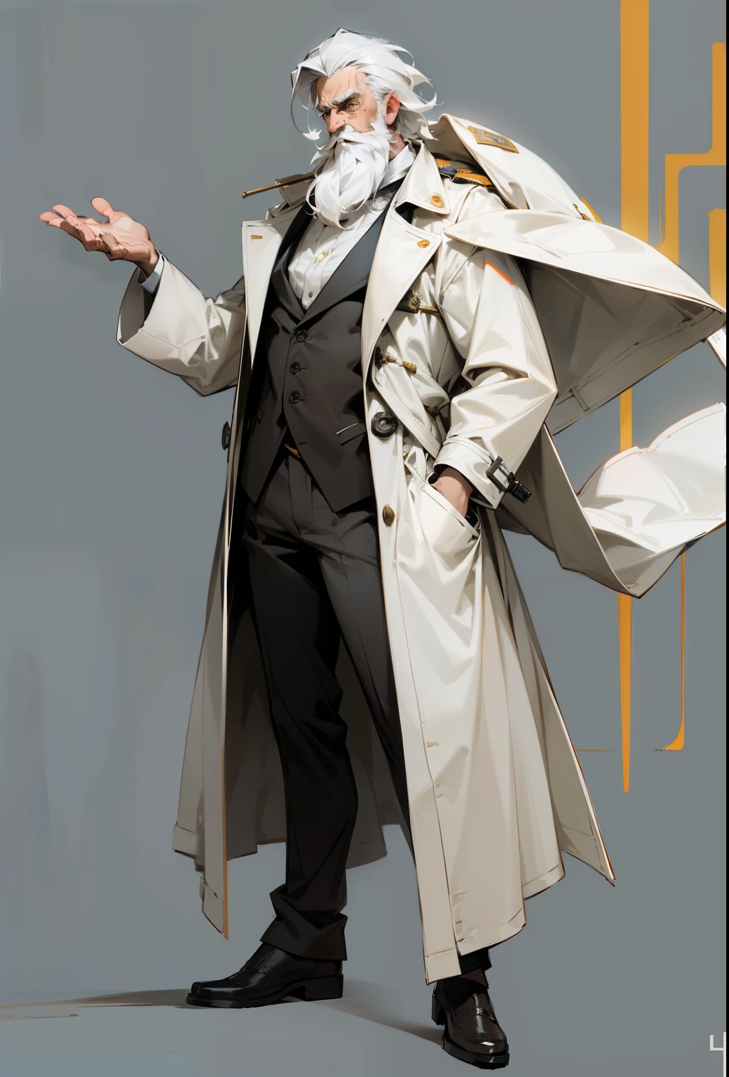 the scientist,Middle age,big beard,White trench coat,
