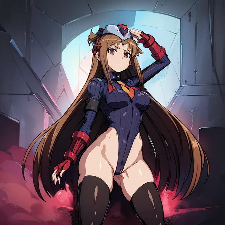 ultra-detailed, Explicit, Beautiful body, Beautiful Nose, Beautiful character design, perfect eyes, perfect face, ultra highres, 4K, beautiful legs, perfect legs, Nice hands, Perfect hand, Masterpiece, Best Quality, Highly detailed, illustration, absurdres, street fighter, doll suit, shadaloo doll, dollsuit, expressionless, blank eyes, looking at viewer, red gloves, emotionless, black latex, corrution, mind control, female combatant, full body, hypnotized, unhappy trance, full body suit, ribbed bodysuit, both arms at side, obey, perfect female body, extremely glossy latex, hypnosis, hypnoLora, empty eyes, Mind control device, poses, submissive_pose, Slave, hat, necktie, stand up straight, standing, standing at attention, hat, necktie, belt, latex, ribbed bodysuit, thighhighs, garter belt, Fighting Stance, extending the right arm from the shoulder into the air with a straightened hand, nazi saluting, military, military saluting, salute, thigh boots, 1girl, ZChan,  Robot Girls Z , brown hair, brown eyes, long hair