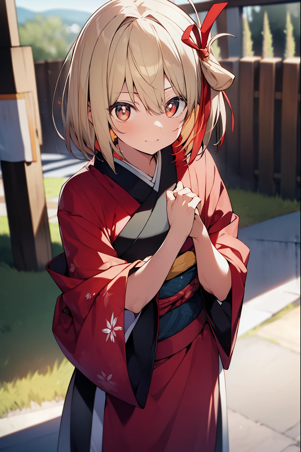 Chisatoniki, Senri, Short hair, Bangs, Blonde hair, (Red Eyes:1.5), Hair Ribbon, One side up, bob cuts,
BREAK japanese clothes, Kimono, Apron, Red Ribbon, woman samurai, red Kimono,
BREAK outdoors, track and field,
BREAK looking at viewer, BREAK (masutepiece:1.2), Best Quality, High resolution, Unity 8k壁纸, (Illustration:0.8), (Beautiful detailed eyes:1.6), extra detailed face, Perfect Lighting, extremely details CG, (Perfect hands, Perfect Anatomy),