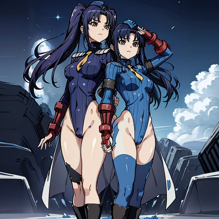 ultra-detailed, Explicit, Beautiful body, Beautiful Nose, Beautiful character design, perfect eyes, perfect face, ultra highres, 4K, beautiful legs, perfect legs, Nice hands, Perfect hand, Masterpiece, Best Quality, Highly detailed, illustration, absurdres, street fighter, doll suit, shadaloo doll, dollsuit, expressionless, blank eyes, looking at viewer, red gloves, emotionless, black latex, corrution, mind control, female combatant, full body, hypnotized, unhappy trance, full body suit, ribbed bodysuit, both arms at side, obey, perfect female body, extremely glossy latex, hypnosis, hypnoLora, empty eyes, Mind control device, poses, submissive_pose, Slave, hat, necktie, stand up straight, standing, standing at attention, hat, necktie, belt, latex, ribbed bodysuit, thighhighs, garter belt, Fighting Stance, extending the right arm from the shoulder into the air with a straightened hand, nazi saluting, military, military saluting, salute, thigh boots, 1girl, Salia Tereshkova, Cross Ange, blue hair, long hair, twin tails, blue eyes