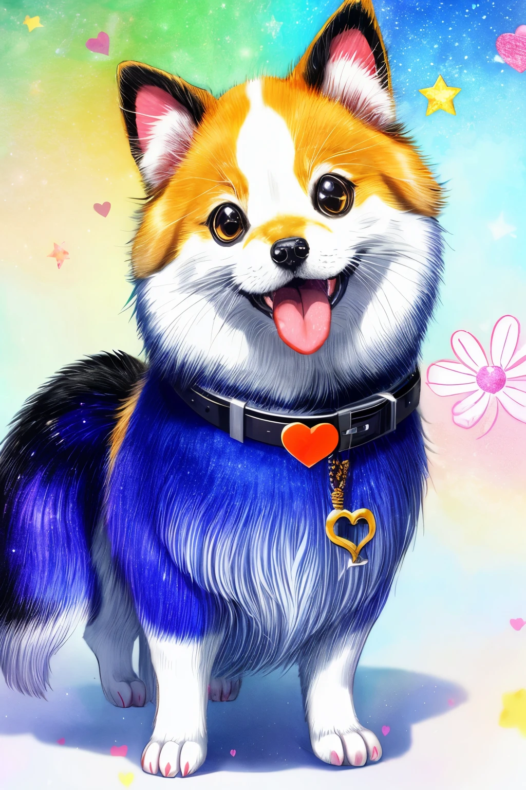 Niji Pride, solo, smile, open mouth, tail, heart, tongue, tongue out, star (symbol), collar, no humans, sparkle, fangs, looking up, dog, animal focus, sparkling eyes, fluffy