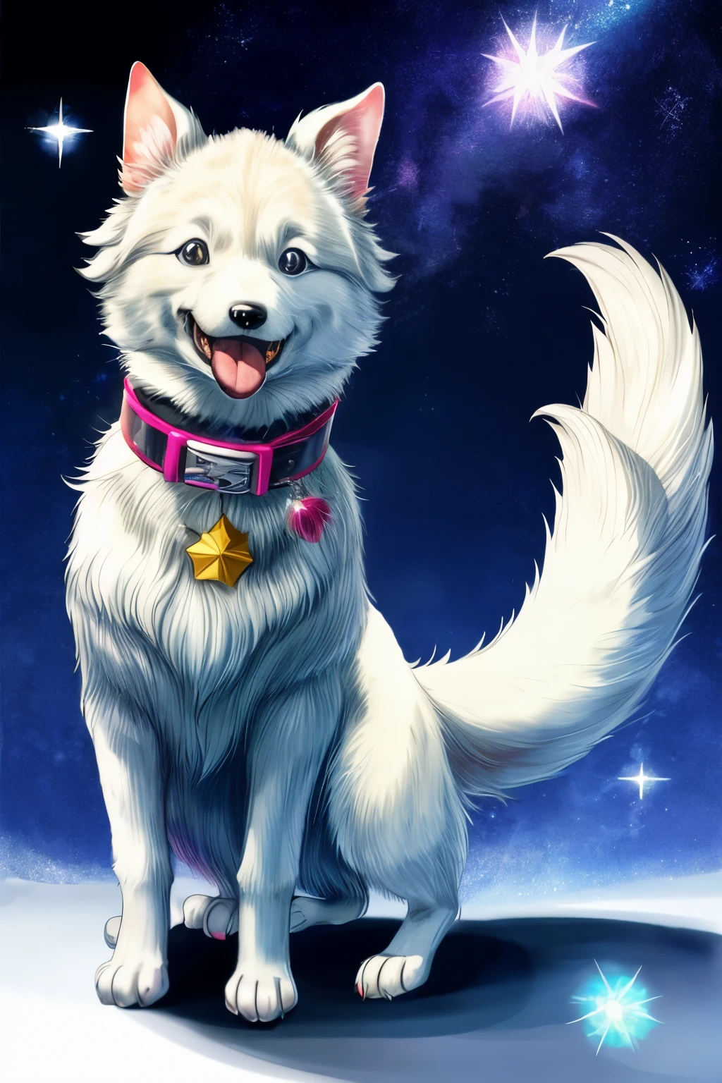 Niji Pride, solo, smile, open mouth, tail, heart, tongue, tongue out, star (symbol), collar, no humans, sparkle, fangs, looking up, dog, animal focus, sparkling eyes, fluffy