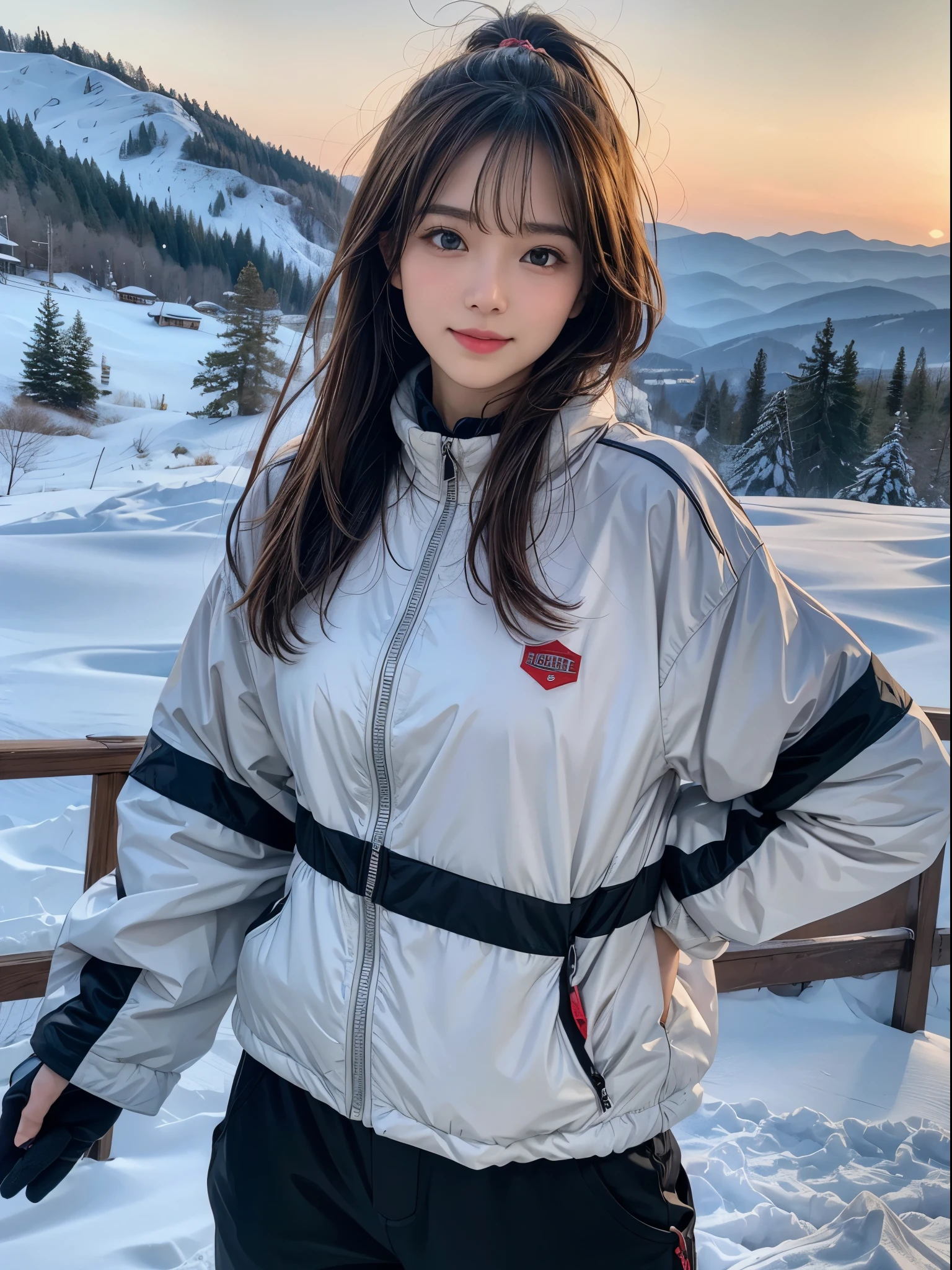 (8K,masutepiece, Raw photo,Best Quality:1.4),(photographrealistic:1.2),(extremely Detailed face),(Shiny skin),(Detailed skin),(Detailed face),(Extremely beautiful face), 1girl in,Looking at Viewer,Japanese ido(actress), brown hair,Medium Hair,Straight hair,asymmetrical bangs,Smile,glamor,Large breasts, Wearing ski wear, ski pants and ski gloves, At the snowy ski resort,High Position,Natural lighting