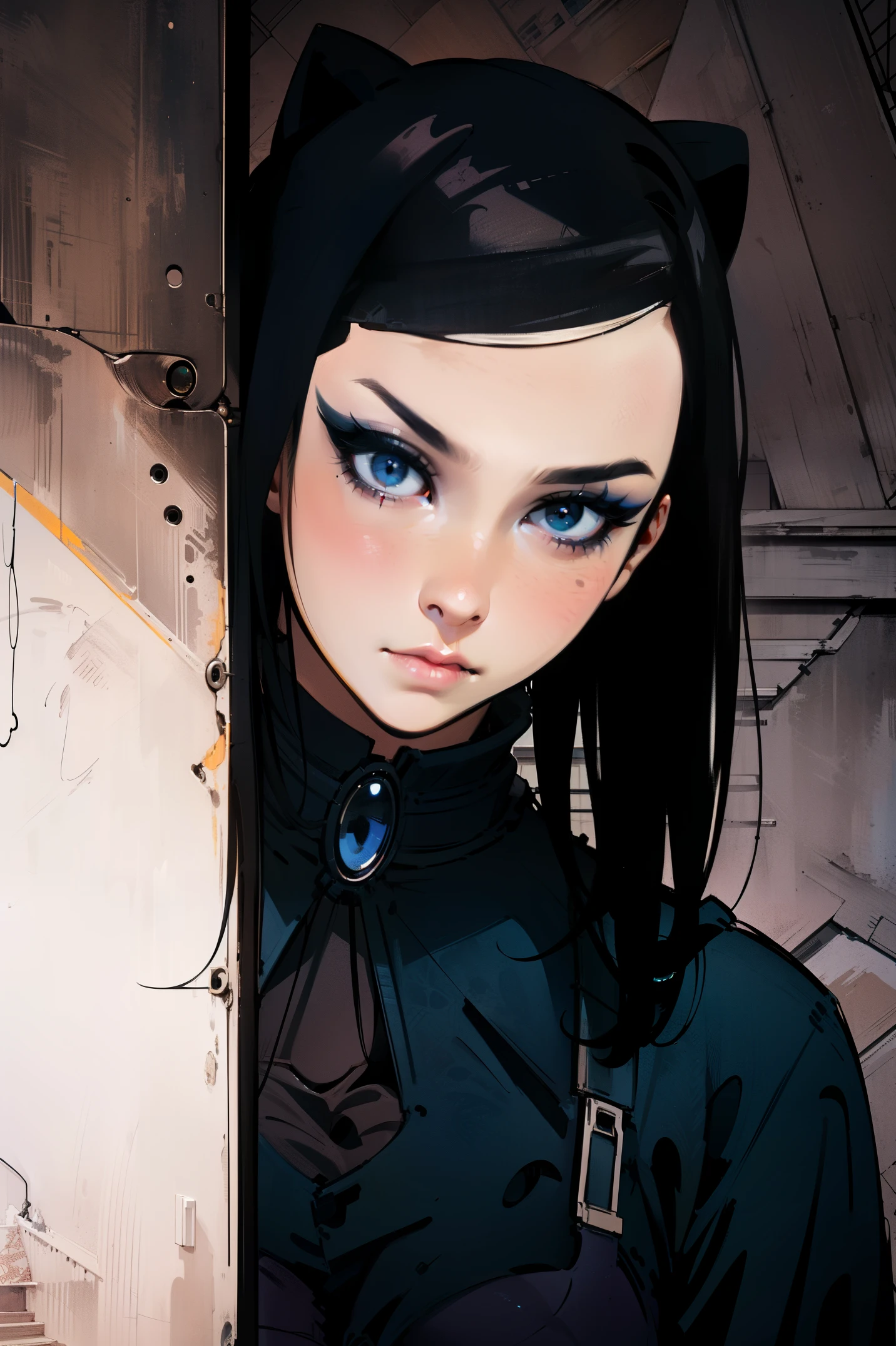 Ultra Realistic 8k CG, Masterpiece, ((Ultra detailed background, Delicate pattern, intricate detials)), (Highly detailed, fine fine quality, 1girl, (Photorealistic:1.4),Beautiful lighting,  absurdress, RAW photo, Film grain, 1girl, 独奏, blue eyes, eyeshadows, closed mouth, eye liner, Shot Cowbot, (inside, complex detailed background, ladder, ladder, Old building environment), Re-l,