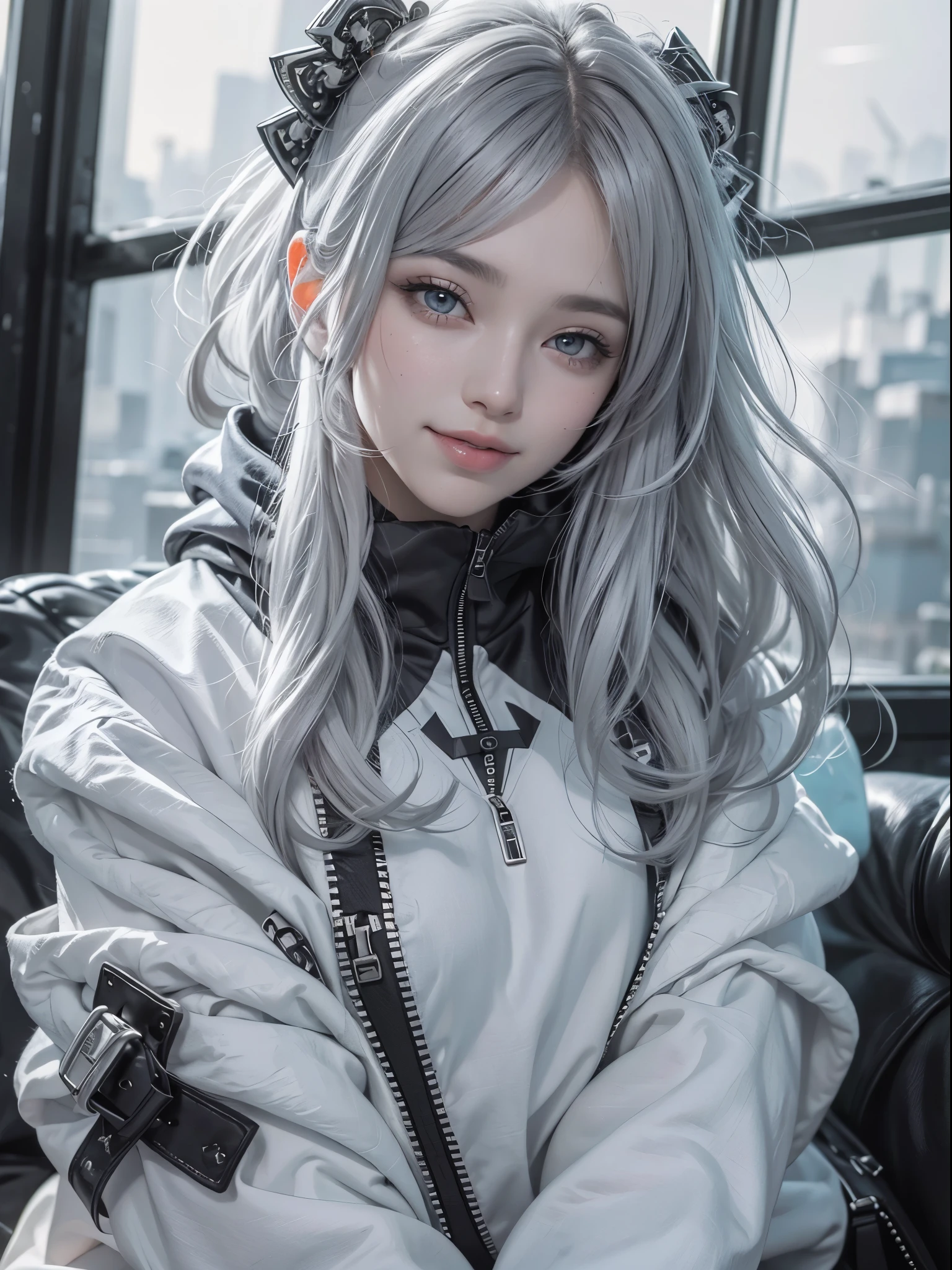 (Realistic:1.8), (ultra detailed, beautiful, masterpiece, best quality:1.6), (Geometric art),(official art:1.3), (1girl:1.2), (Detailed face, Detailed eyes, Detailed hair:1.3), young fingers, Detailed fingers, five fingers, BREAK cute ig model, Japanese cute model, 22 years old, Tightened all body, small head, small face, small mouth, diamond Face, small nose, Sharp Faceline, (dropy eyes, Double eyelid, Light color eyes, Glossy eyes, Shiny eyes:1.4), Shiny skin, shiny hair, (gray hair:1.2),
_
BREAK (happy, smile, Teeth, Glossy Lip:1.2),beautiful Teeth, (all body:1.5), sitting, from front,
_
BREAK (BLACK and White theme:1.4), (close-up emphasizing sweatshirt details:1.2), BREAK (black theme:1.2), (oversized black hoodie with geometric cutouts and patterns:1.2), (white skinny leggings with subtle geometric patterns:1.2),