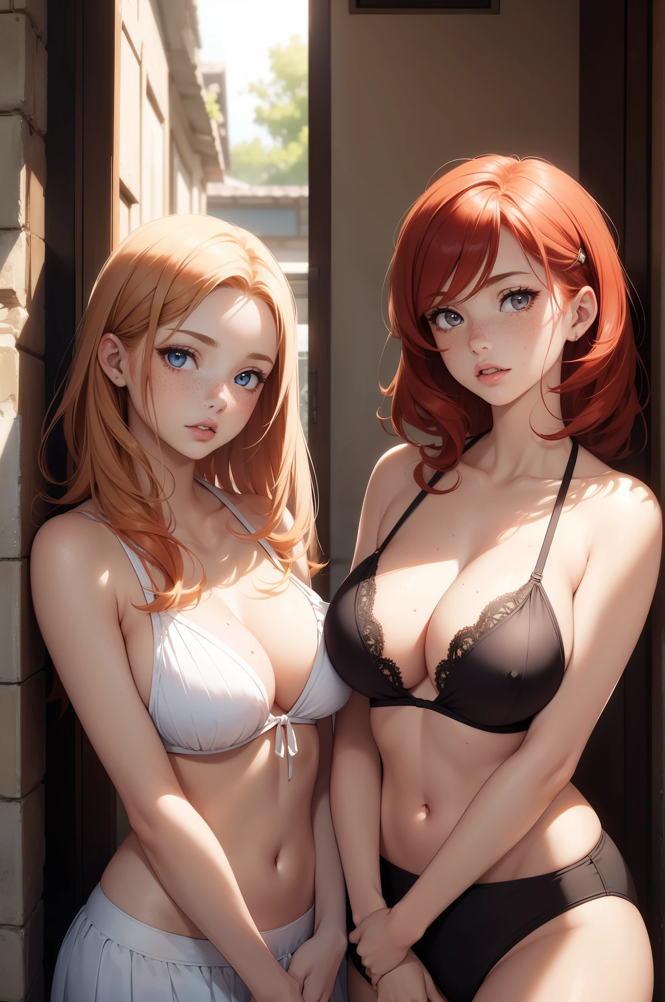 2girls, multiple girls, natural lighting, masterpiece, highly detailed, illustration, game CG, absurdres, high quality, glossy lips, looking at each other, redhead, freckles, lips parted, large breasts, medium breasts, mother and daughter, (teenaged girl), (MILF), bikini, bikini skirt, (age gap:1.5)