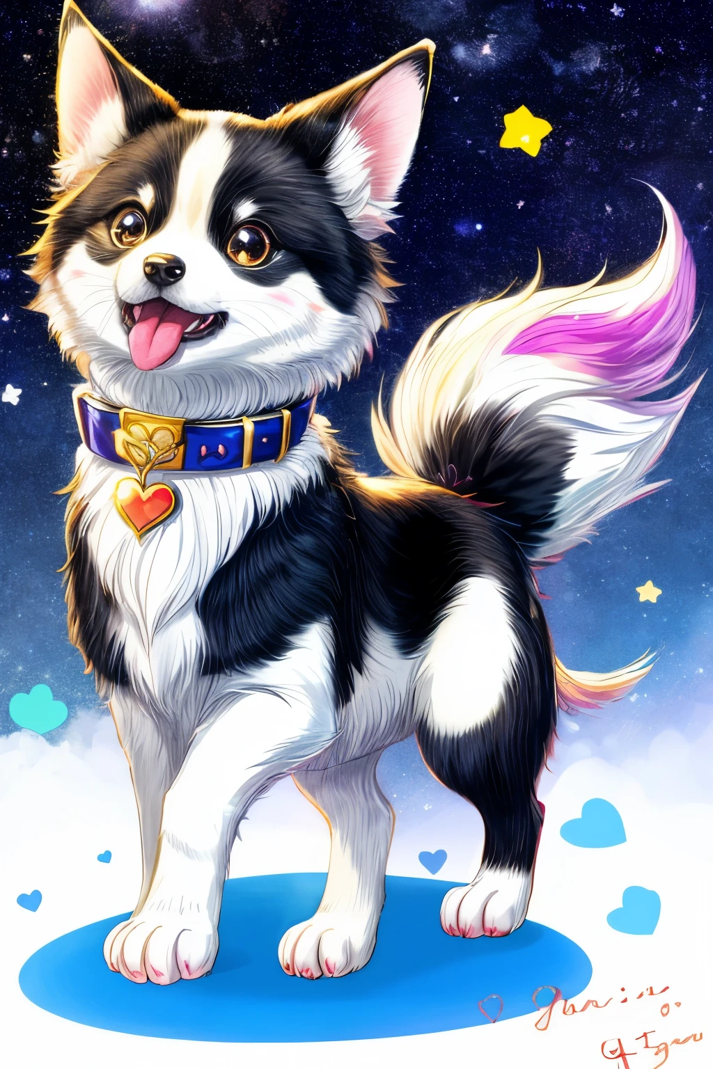 Niji Pride, solo, smile, open mouth, tail, heart, tongue, tongue out, star (symbol), collar, no humans, sparkle, fangs, looking up, dog, animal focus, sparkling eyes, fluffy