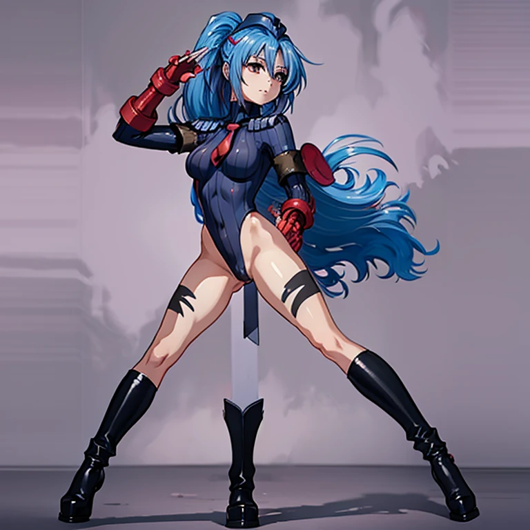 ultra-detailed, Explicit, Beautiful body, Beautiful Nose, Beautiful character design, perfect eyes, perfect face, ultra highres, 4K, beautiful legs, perfect legs, Nice hands, Perfect hand, Masterpiece, Best Quality, Highly detailed, illustration, absurdres, street fighter, doll suit, shadaloo doll, dollsuit, expressionless, blank eyes, looking at viewer, red gloves, emotionless, black latex, corrution, mind control, female combatant, full body, hypnotized, unhappy trance, full body suit, ribbed bodysuit, both arms at side, obey, perfect female body, extremely glossy latex, hypnosis, hypnoLora, empty eyes, Mind control device, poses, submissive_pose, Slave, hat, necktie, stand up straight, standing, standing at attention, hat, necktie, belt, latex, ribbed bodysuit, thighhighs, garter belt, Fighting Stance, extending the right arm from the shoulder into the air with a straightened hand, nazi saluting, military, military saluting, salute, thigh boots, 1girl, Einst Alchimie, SRWOG, blue hair, longhair, ponytail, red eyes