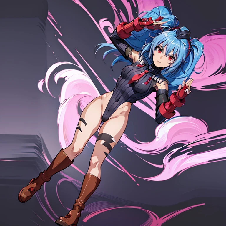 ultra-detailed, Explicit, Beautiful body, Beautiful Nose, Beautiful character design, perfect eyes, perfect face, ultra highres, 4K, beautiful legs, perfect legs, Nice hands, Perfect hand, Masterpiece, Best Quality, Highly detailed, illustration, absurdres, street fighter, doll suit, shadaloo doll, dollsuit, expressionless, blank eyes, looking at viewer, red gloves, emotionless, black latex, corrution, mind control, female combatant, full body, hypnotized, unhappy trance, full body suit, ribbed bodysuit, both arms at side, obey, perfect female body, extremely glossy latex, hypnosis, hypnoLora, empty eyes, Mind control device, poses, submissive_pose, Slave, hat, necktie, stand up straight, standing, standing at attention, hat, necktie, belt, latex, ribbed bodysuit, thighhighs, garter belt, Fighting Stance, extending the right arm from the shoulder into the air with a straightened hand, nazi saluting, military, military saluting, salute, thigh boots, 1girl, Einst Alchimie, SRWOG, blue hair, longhair, ponytail, red eyes