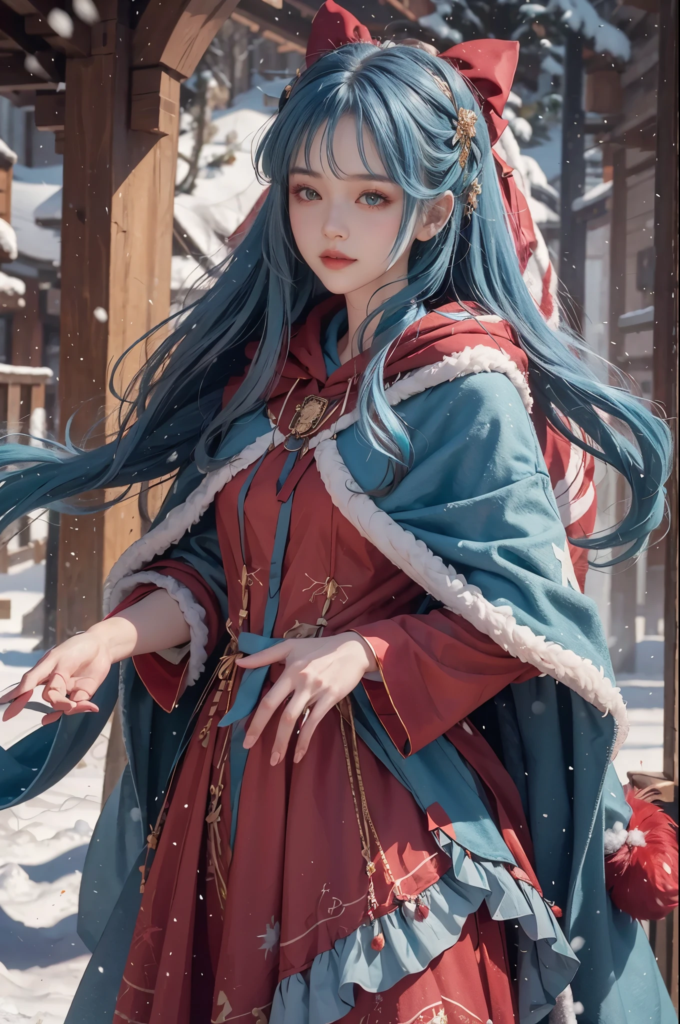 1 girl,hoody,fur cape,Blue hair,ssmile,ta Costume Outfit,Extra-long hair,Red bow feather hair accessory,城市,natta,snow field,Blizzarding,allure,8K,masterpiece,winning artwork,