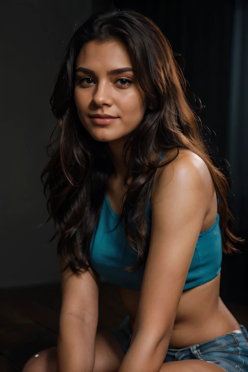 lovely cute young attractive indian teenage girl in a blue crop top, 23 years old, cute, an Instagram model,high res,blurry_light_background,photorealistic, masterpiece, best quality, raw photo, Indian girl, long hair, brown hair, looking at the viewer,,innocent face, natural wave hair, blue eyes, high-res, masterpiece, best quality, intricate details, highly detailed, sharp focus, detailed skin, realistic skin texture, texture, detailed eyes, professional, 4k, charmer smile, shot on Canon, 85mm, shallow depth of field, Kodak vision colour, , extremely detailed, photo_\(ultra\), photorealistic, realistic, post-processing, max detail, roughness, real life, ultra-realistic, photorealism, photography, 8k UHD, photography (film grain) medium shot to close up shot happy smiling atmospheric dark lighting, wide shot, red heels, very detailed face