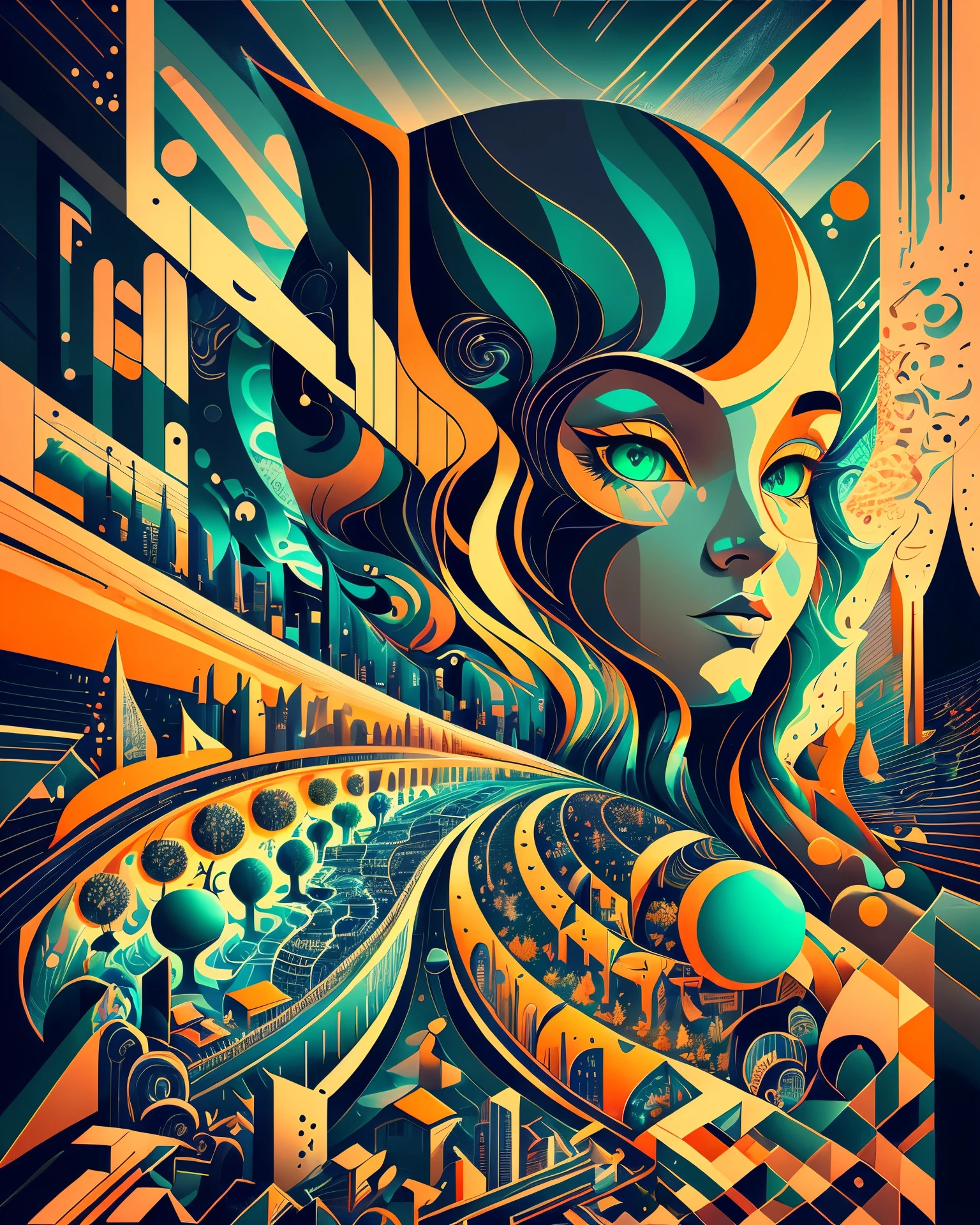 Creative illustration of code world, digital art style by dan mumford, alex janvier, sketch, blue green and orange outlines, metalique texture, high definition, intricat details, bright colors, logo style, negative space --auto --s2